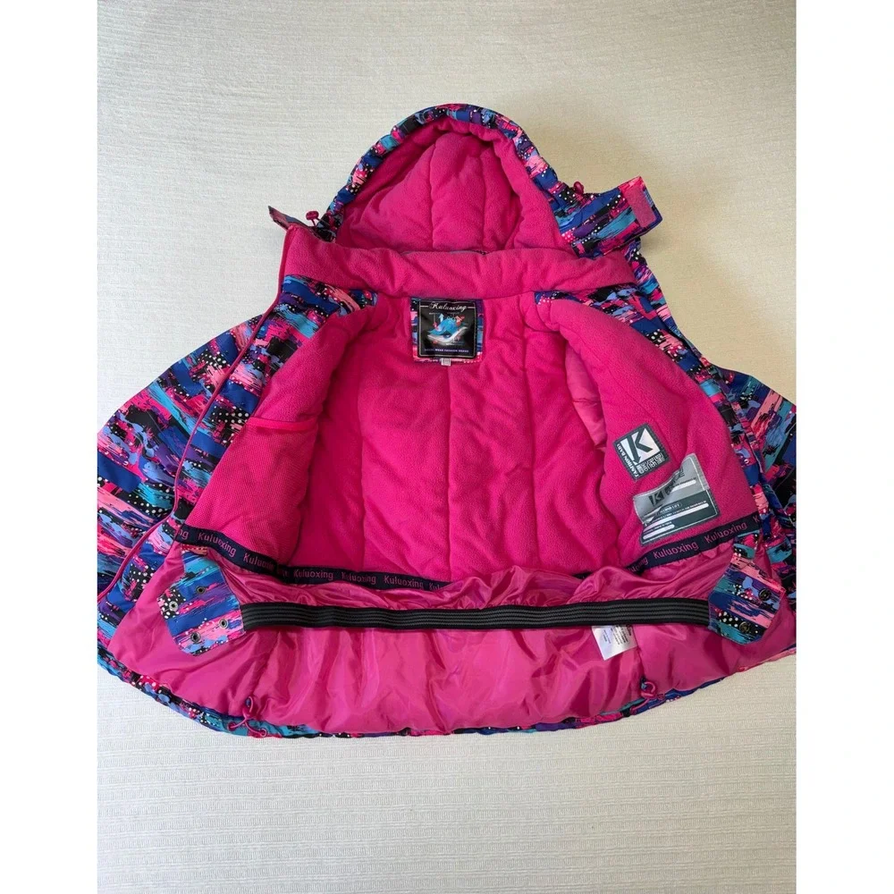 Kuluoxing Kids Pink Blue Abstract Print Hooded Ski Jacket Winter Coat Size 10
